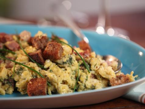 Creamy Scrambled Eggs with Dill Havarti with Country Ham and Buttery Toasted Croutons