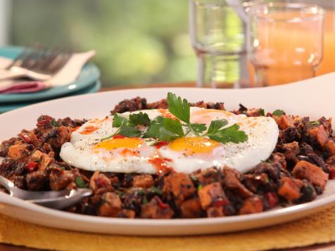 Jerk Pork Belly and Sweet Potato Hash with Fried Eggs