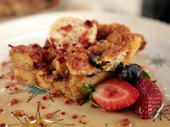 Baked Croissant French Toast Casserole with Bacon and Bourbon Infused