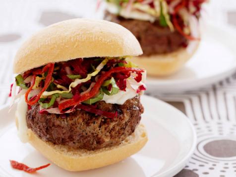 Burgers with Crispy Pepperoni, Radicchio and Red Onion Slaw