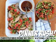 Get Cooking Channel's easy Chipotle BBQ Glazed Pork Loin With Spicy Watermelon Salsa recipe for a quick and delicious weeknight summer meal.
