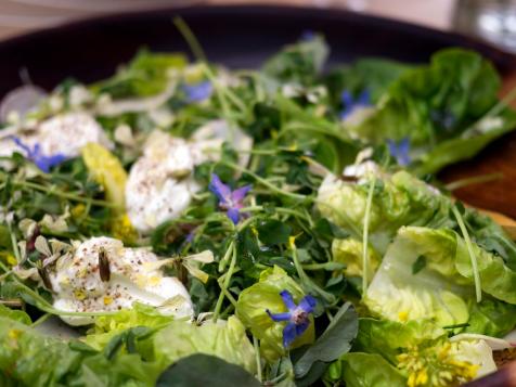 Shaved Kohlrabi + Spring Green Salad with Labne, Green Olive, and Preserved Lemon Vinaigrette
