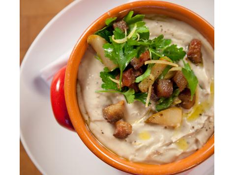 Chestnut and White Bean Puree with Guanciale and Caramelized Pear