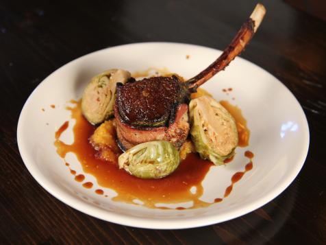 Bacon Wrapped Elk Chops with Pickled Brussels Sprouts and Pumpkin Puree