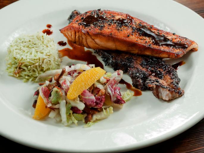 Jasmine Tea Glazed Alaskan Salmon with HoisinBraised Bacon, Green Rice