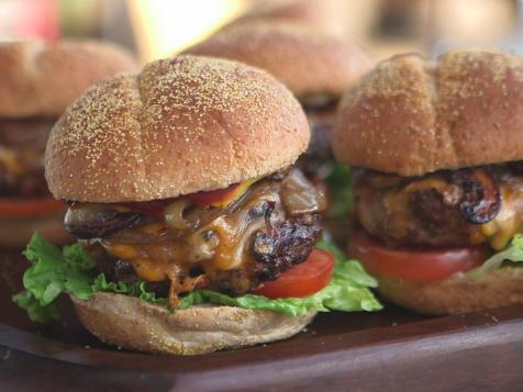 Demo Derby Burgers with Sauteed Onions and Mushrooms and Grilled Corn