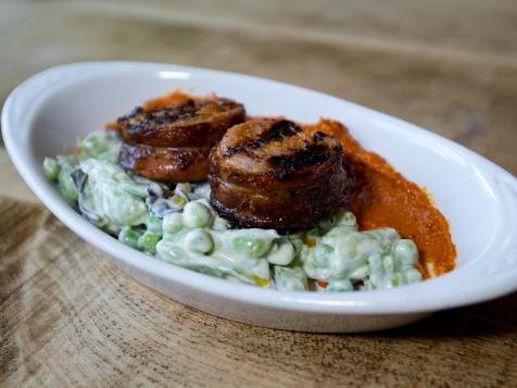 Lamb Belly with Peas, Fava Beans and Cashew-Date Romesco