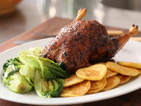Whole Roast Duck with Braised Lettuce and Potato Pancakes