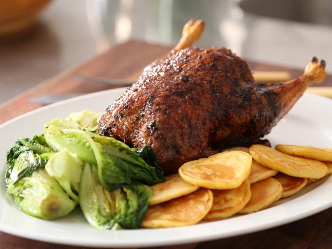Whole Roast Duck with Braised Lettuce and Potato Pancakes Recipe Tom