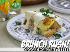 Make brunch for a crowd a breeze with this hearty frittata inspired by the classic French croque monsieur - complete with a cheesy sauce.