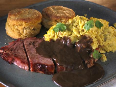 Scrambled Eggs with Sweet Potato Biscuits, Ham Steak and Red-Eye Gravy
