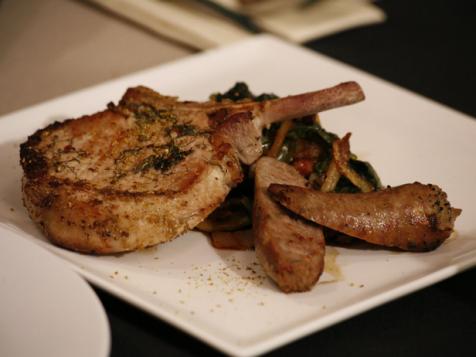 Pork Three Ways: Brined Pork Chops, Fennel-Fontina Sausage, and Swiss Chard with Bacon and Fennel over Polenta Cakes