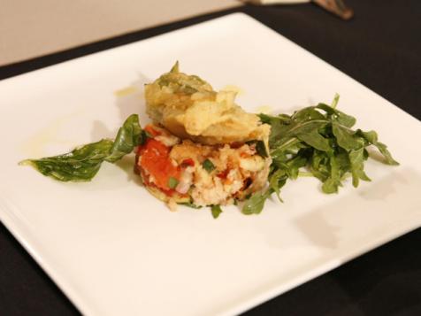 Fried Zucchini Blossoms with Grilled Vegetable Panzanella and Baby Arugula Salad
