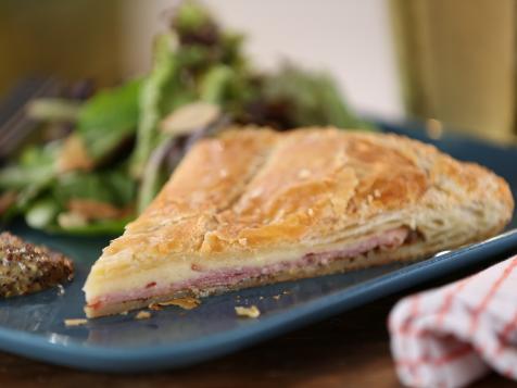 Country Ham and Cheddar Pie with Whole Grain Mustard and Greens with Apricot Vinaigrette and Almonds