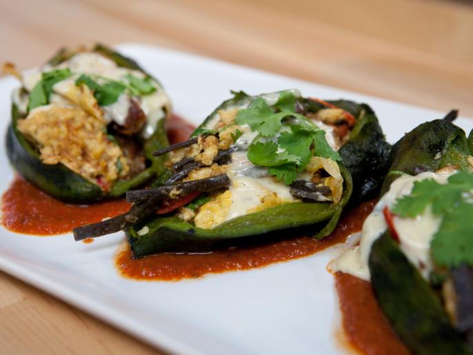 Migas-Filled Chile Rellenos with Pulled Chicken, Tomato Salsa and