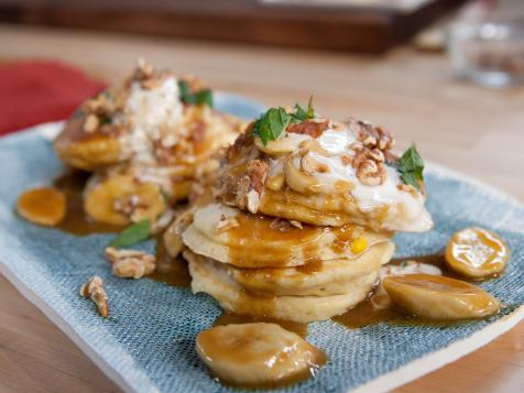 Mexican Corn Pancakes with Whipped Goat Cheese, Piloncilo Caramelized Bananas and Walnuts