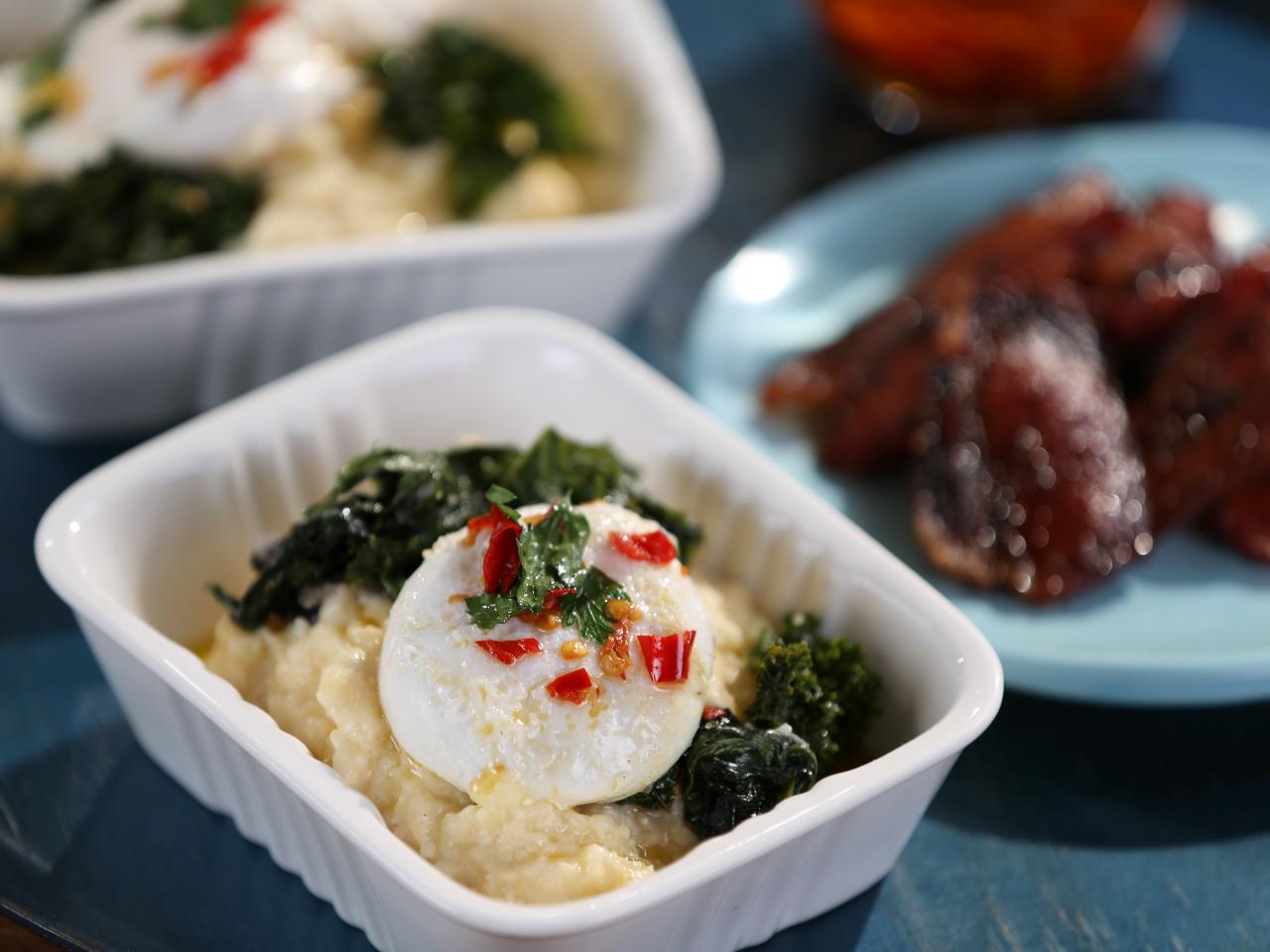 Creamy Polenta with Braised Greens Poached Eggs and Chile Oil