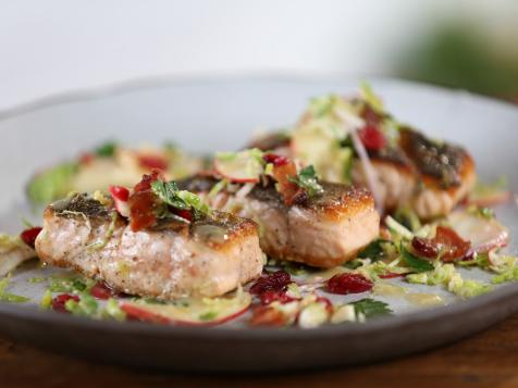 Seared Salmon and Brussels Sprout-Apple Salad with Bacon and Maple-Thyme Vinaigrette