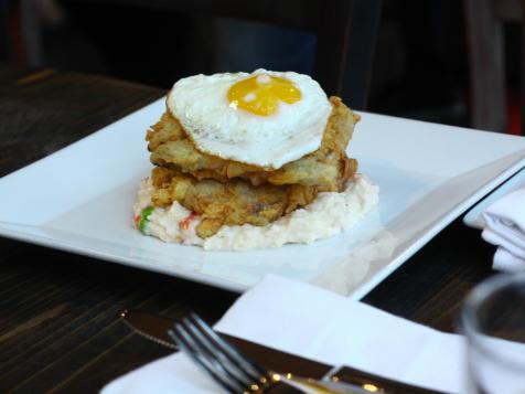 Chicken-Fried Bacon with Creamy Shrimp Grits and Sunny-Side Egg