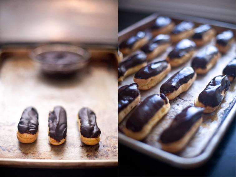 Eclairs with White Chocolate Pastry Cream and Dark Chocolate Ganache