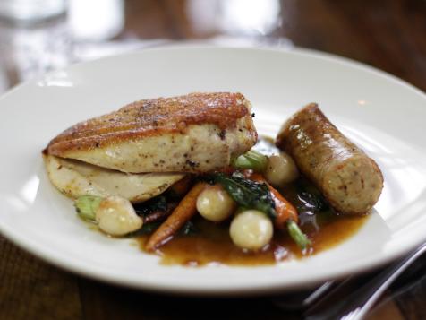 Pan Roasted Chicken and Smoked Chicken Sausage with Kale Puree and Root Vegetables