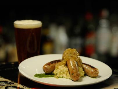 Bangers and cauliflower Mash plated at the "Foggy Notion", a bar in Portland, Oregon as seen on Cooking Channel's Belly Up, Season 1.