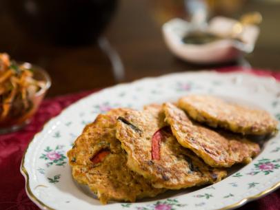 Mung Bean Pancakes, made by Ki Sook Yoo to be served at her family dinner party, as seen on Cooking Channel's My Grandmother's Ravioli, Season 3.