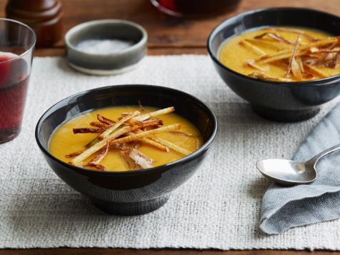 Sweet Potato Soup with Matchstick Fries and Frizzled Leeks