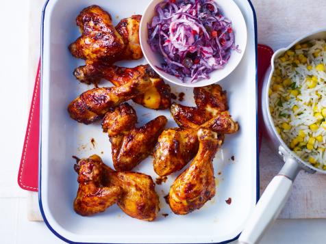 Sticky Asian BBQ Chicken Wings with Sweet Corn Rice and Red Cabbage Slaw