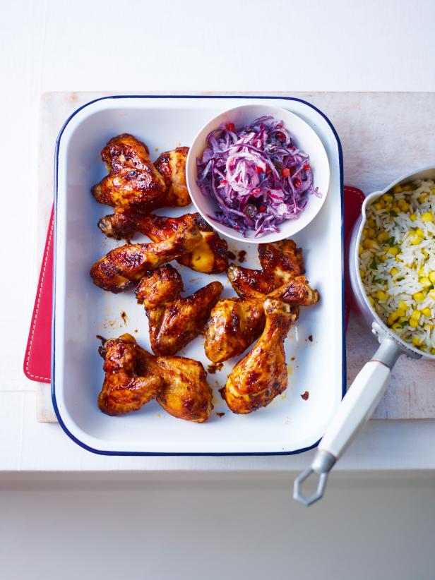 Sticky Asian BBQ Chicken Wings with Sweet Corn Rice and Red Cabbage ...