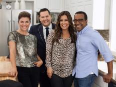 Host Tiffani Thiessen, left, poses with her guests Ross Matthews, second from left, Jillian Barberie, and Tim Meadows, far right, as seen on Cooking Channel's Dinner at Tiffani's, Season 1.