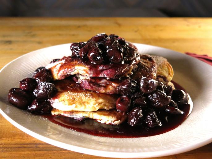 Cream Cheese Pancakes with Cherries Jubilee Syrup Recipe Bobby Flay