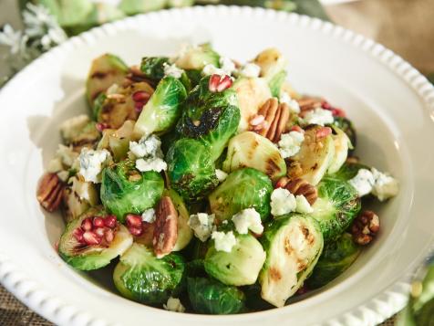 Grilled Brussels Sprout Salad with Pecans, Pomegranates and Blue Cheese