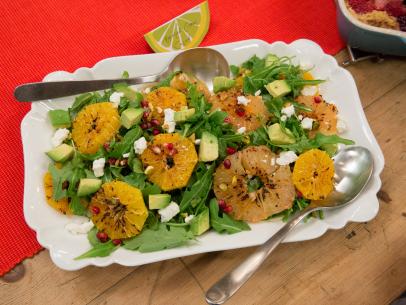 Broiled Citrus Salad with Pistachios and Goat Cheese over Arugula as seen on Cooking Channel’s Kelsey’s Homemade, Season 1.