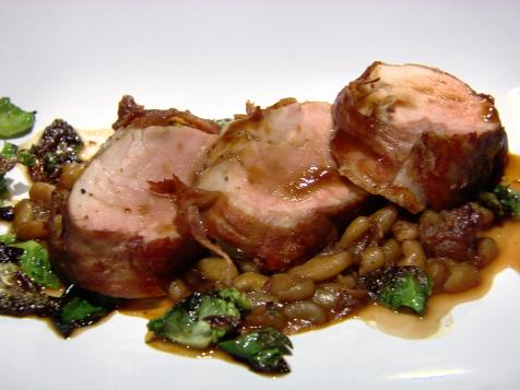 Prosciutto-Wrapped Pork Tenderloin with Flageolet Ragout and Frizzled Brussels Sprout Leaves