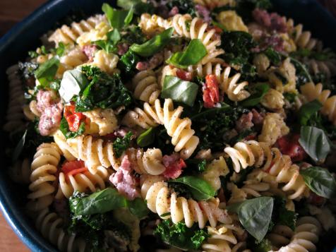 Pasta Scramble with Breakfast Sausage, Kale, Tomatoes and Eggs