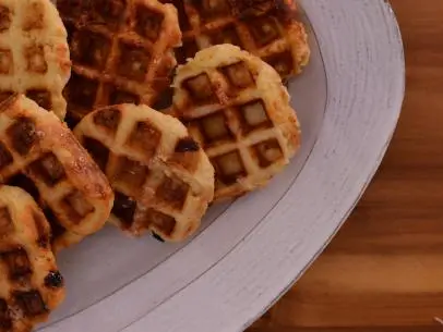 Perfectly prepared rustic Belgian waffles awaiting their chicken and mustard maple syrup counterparts as seen on the Cooking Channel's Real Girl's Kitchen with Host Haylie Duff, Season 2.