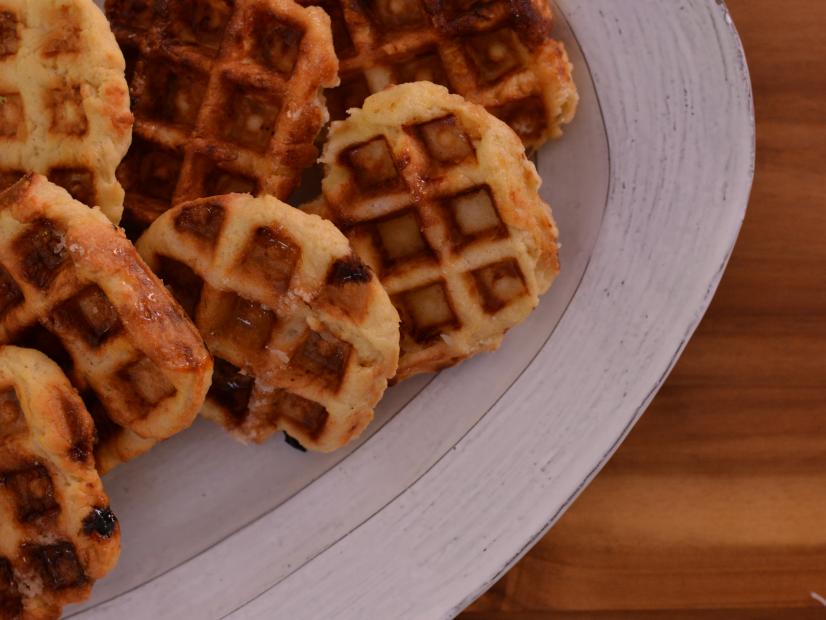 Perfectly prepared rustic Belgian waffles awaiting their chicken and mustard maple syrup counterparts as seen on the Cooking Channel's Real Girl's Kitchen with Host Haylie Duff, Season 2.