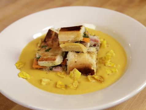 Nikki's Beer Cheese Squash Soup with Cubano Croutons