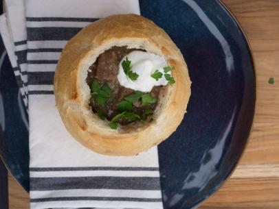 This hearty short rib and wild mushroom stew served in a bread bowl with a dollup of hoseradish cream will keep you warm and satiated while glamping in the mountains of Malibu as seen on Cooking Channel's Real Girl's Kitchen with Host Haylie Duff, Season 2.