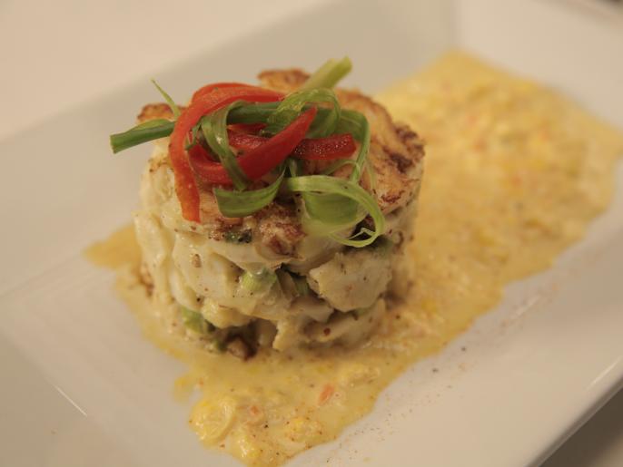 Seared Crab Cake with Roasted Corn Cream Recipe Cooking Channel