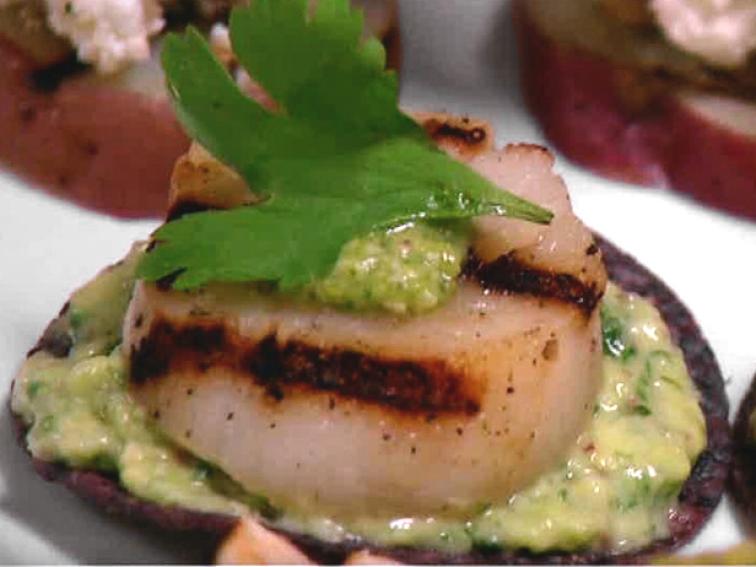 Grilled Sea Scallops on Tortilla Chips with Avocado Puree and Jalapeno Pesto 2 Recipe Bobby