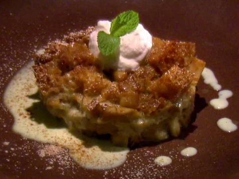 Granny Smith Apples and Ginger Bread Pudding with Vanilla Bean Creme Anglaise and Creme Fraiche Whipped Cream
