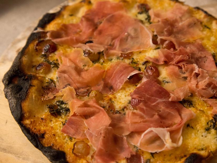 Grape and Proscuitto Wood Oven Pizza from the Urban Oven food truck in Venice, California, as seen on Cooking Channel's Pizza Masters, Season 1.