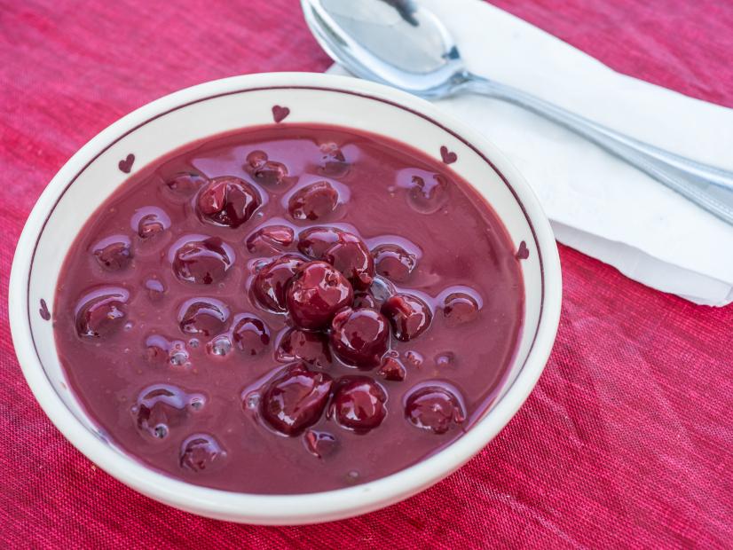 Close up of Sour Cherry Soup, as seen on Cooking Channel's My Grandmother's Ravioli, Season 4.