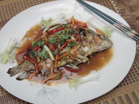Bacon and Water Chestnut Stuffed Fish with Ginger Sauce