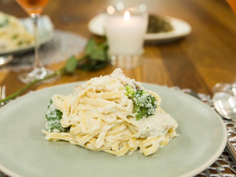 Fettuccine alfredo with grilled chicken and broccoli, as seen on Cooking Channel's Tia Mowry at Home, Season 2.