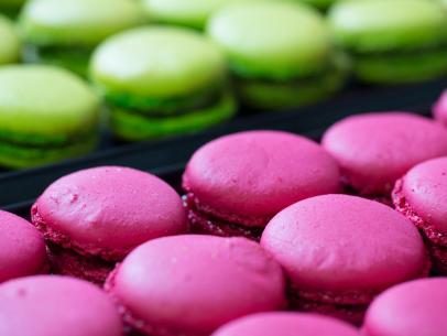 Classic French macarons in the flavours of pistachio and raspberry prepared by UpRooted host Sarah Sharratt and Jean Paul Gaboulaud, Master Chocolatier.