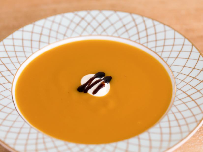 Butternut Squash Soup with Crème Fraiche and Balsamic Vinegar, prepared for a Thanksgiving dinner in France by Sarah Sharratt on UpRooted, episode 103