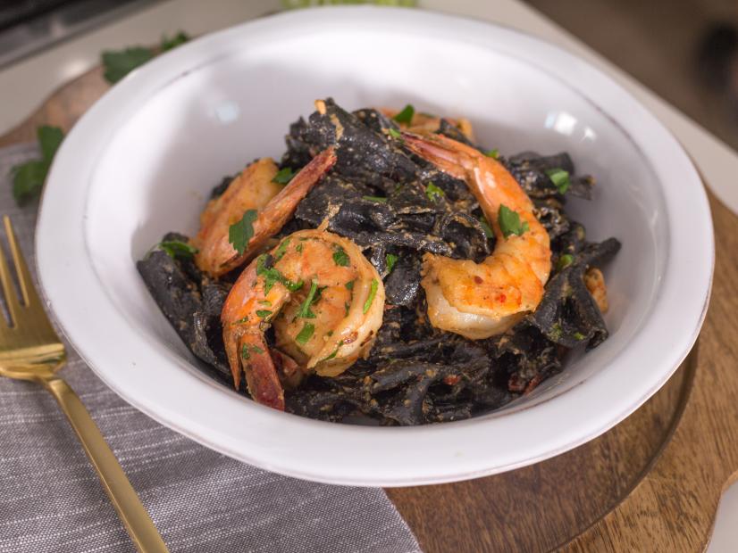 Shrimp and squid ink bow-tie pasta as served at Haylie's house in Los Angeles, CA as seen on the Cooking Channel's Haylie's America episode 102.